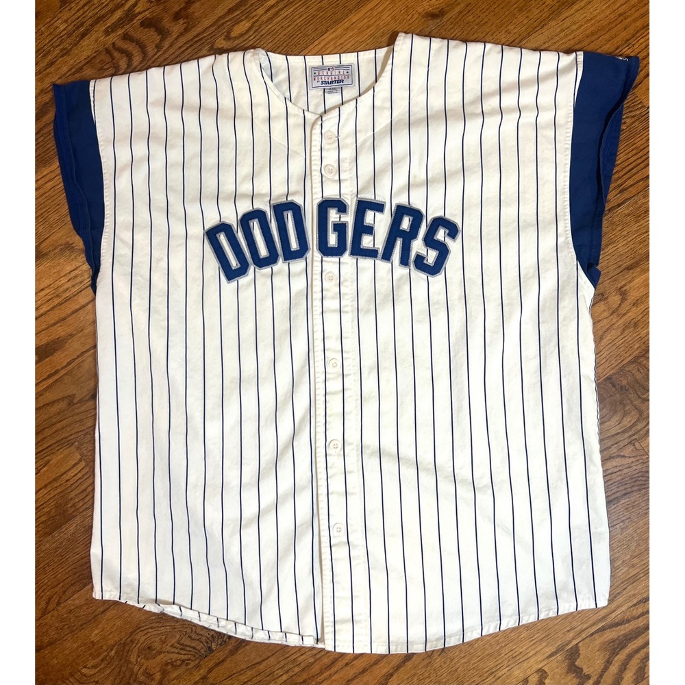 90s Starter Los Angeles Dodgers Baseball Jersey Men's 2XL Pinstripe Blue White - Picture 3 of 13